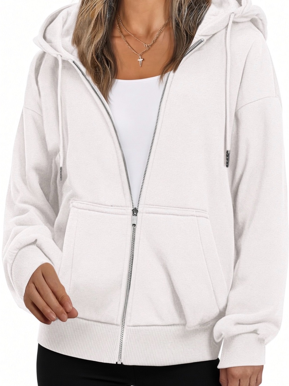 White Zip Up Hoodie Drawstring Kangaroo Pocket SIZE M